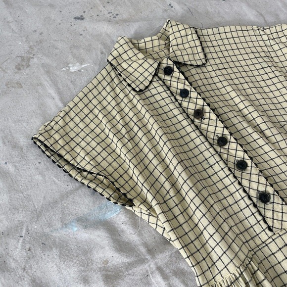 1940s Ivory/Black Cotton Checker Print Peter Pan Collar Day Dress Pockets RicRac - Picture 3 of 8
